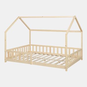 Cama de criança Hesel em forma de casa de pinho com gradeamento 120x200cm - Natural en.casa