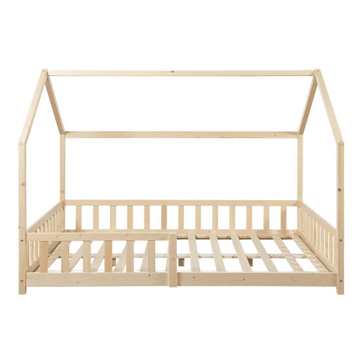 Cama de criança Hesel em forma de casa de pinho com gradeamento 120x200cm - Natural en.casa