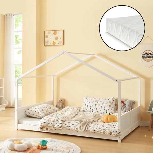 Cama de criança Simo em forma de casa com colchão 140x200cm - Branco en.casa