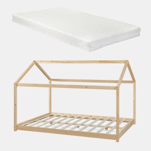 Cama de criança Cerro em forma de casa com colchão de pinho 140x200cm - Natural en.casa