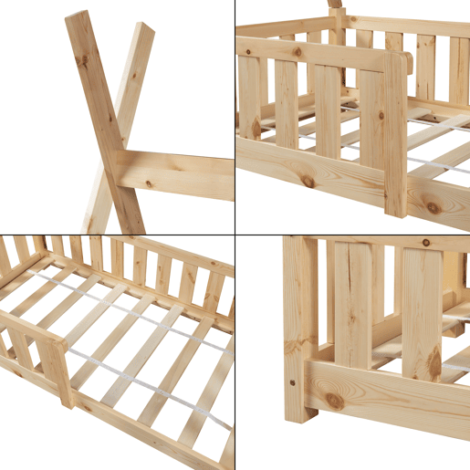 Cama de criança Tipi Helsingborg com grelha de segurança em pinho 140x70cm - Natural en.casa