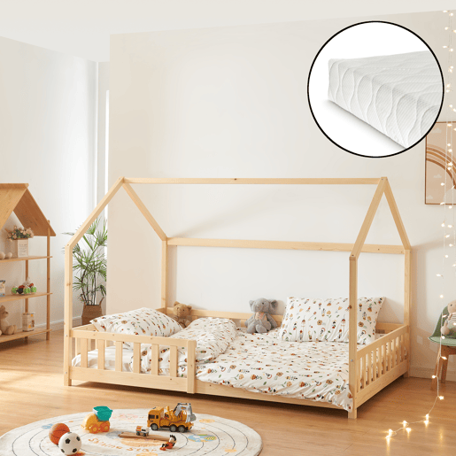 Cama de criança Hesel em forma de casa com grelha e colchão 140x200cm - Natural en.casa