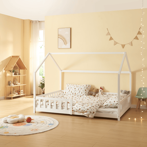 Cama de criança Hesel em forma de casa de pinho com grelha 140x200cm - Branco en.casa