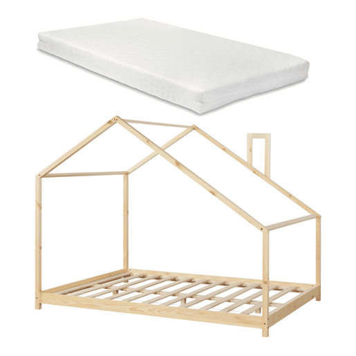 Cama de criança Siuntio com colchão em madeira de pinho 140x200 cm - Natural en.casa