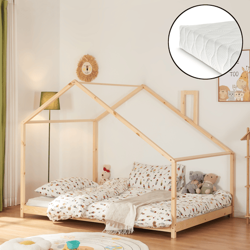 Cama de criança Siuntio com colchão em madeira de pinho 140x200 cm - Natural en.casa