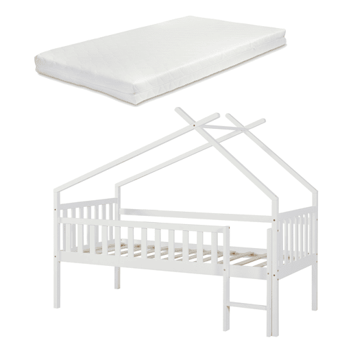 Cama alta de cabina Sotkamo para crianças Colchão em pinho 90x200 - Branco en.casa