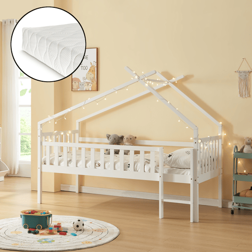 Cama alta de cabina Sotkamo para crianças Colchão em pinho 90x200 - Branco en.casa
