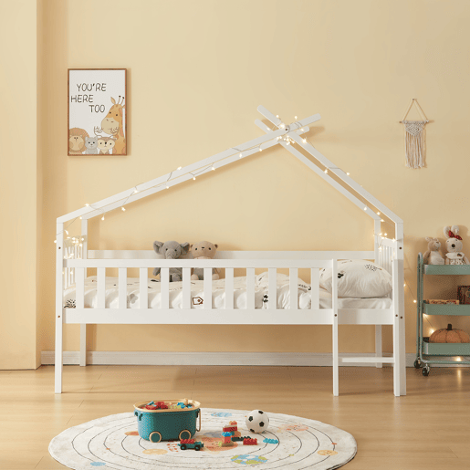 Cama alta de cabina Sotkamo para crianças Colchão em pinho 90x200 - Branco en.casa