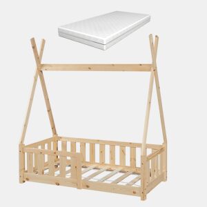 Cama de criança Tipi Helsingborg com grelha de segurança e colchão de pinho 140x70cm - Natural en.casa