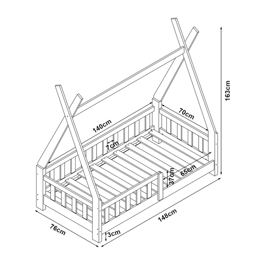 Cama de criança Tipi Helsingborg com grelha de segurança e colchão de pinho 140x70cm - Natural en.casa
