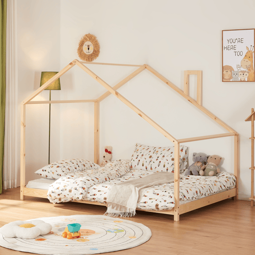 Cama de criança Siuntio com teto inclinado em madeira de pinho 140x200 cm - Natural en.casa