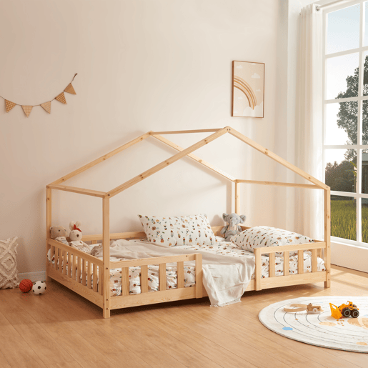 Cama de criança Treviolo em forma de casa de pinho 120x200 cm - Pinho natural en.casa