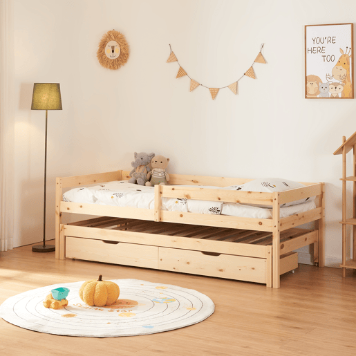 Cama de rodízio para crianças Sonkajärvi com 2 gavetas 90x200cm - Madeira en.casa