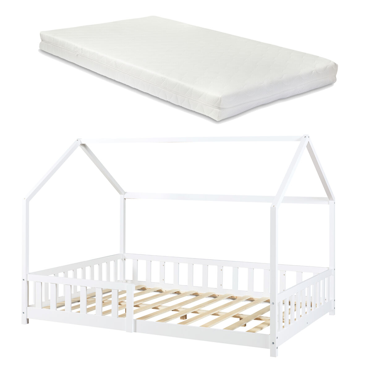 Cama infantil Hesel en forma de casa con reja y colchón [en.casa] 146x205 Blanco