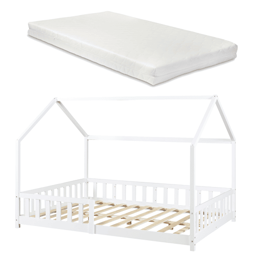 Cama de criança Hesel em forma de casa com grelha e colchão 140x200cm - Branco en.casa