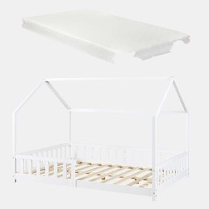 Cama de criança Hesel em forma de casa com grelha e colchão 140x200cm - Branco en.casa