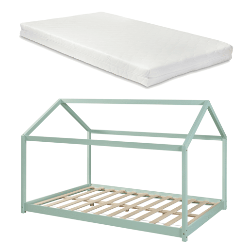 Cama de criança Cerro em forma de casa com colchão de pinho 120x200cm - Verde en.casa