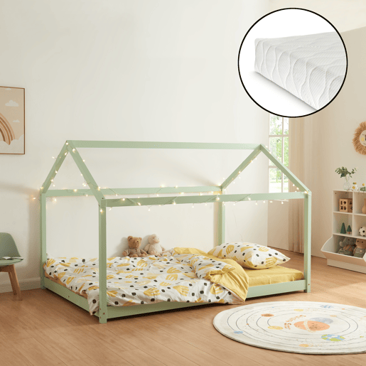 Cama de criança Cerro em forma de casa com colchão de pinho 140x200cm - Verde en.casa