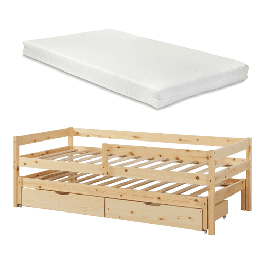 Cama de rodízio para crianças Sonkajärvi com 2 gavetas 1 colchão 90x200cm - Madeira en.casa