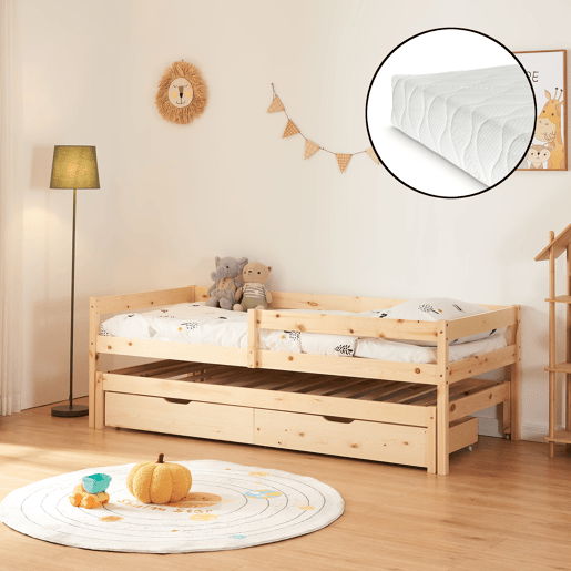 Cama de rodízio para crianças Sonkajärvi com 2 gavetas 1 colchão 90x200cm - Madeira en.casa