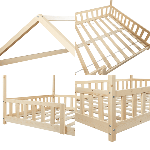 Cama de criança Hesel em forma de casa com grelha e colchão 120x200cm - Natural en.casa