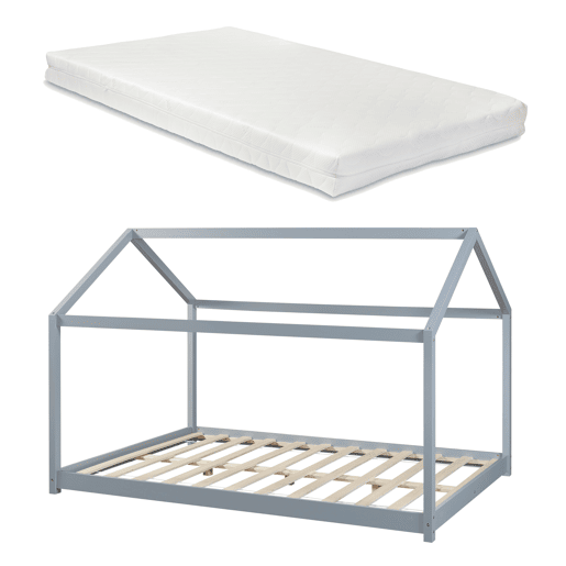 Cama de criança Cerro em forma de casa com colchão de pinho 140x200cm - Cinzento en.casa