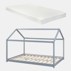Cama de criança Cerro em forma de casa com colchão de pinho 140x200cm - Cinzento en.casa