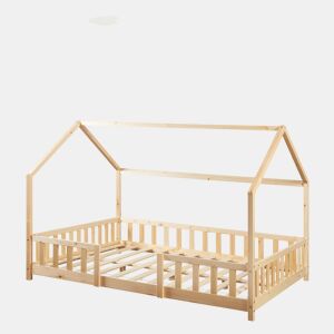 Cama de criança Sisimiut forma de casa pinho + colchão 140x200 cm - Pinho natural en.casaneu.haus.