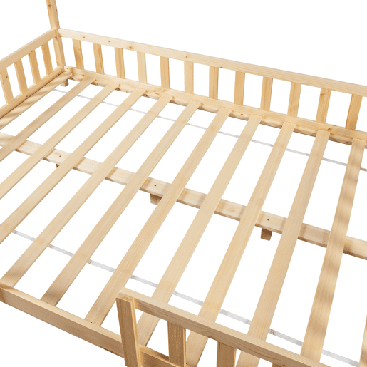 Cama de criança Sisimiut forma de casa pinho + colchão 140x200 cm - Pinho natural en.casaneu.haus.