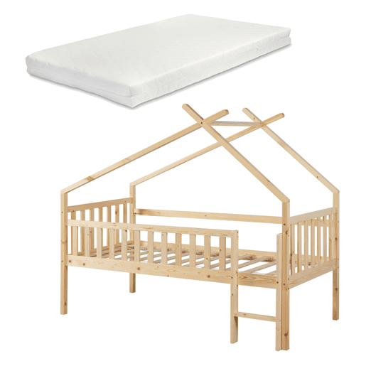 Cama alta de cabina Sotkamo para crianças Colchão em pinho 90x200 - Natural en.casa