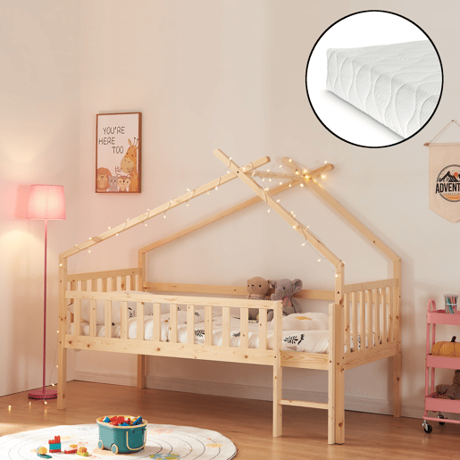 Cama alta de cabina Sotkamo para crianças Colchão em pinho 90x200 - Natural en.casa