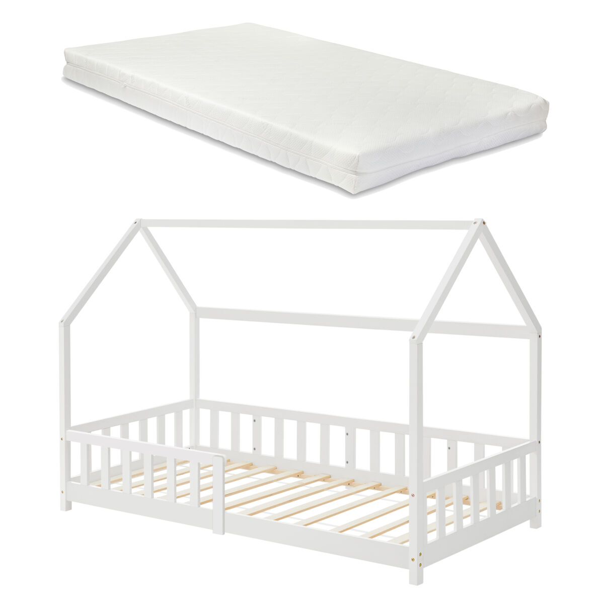 Cama infantil Hesel en forma de casa con reja y colchón [en.casa] 96x205 Blanco