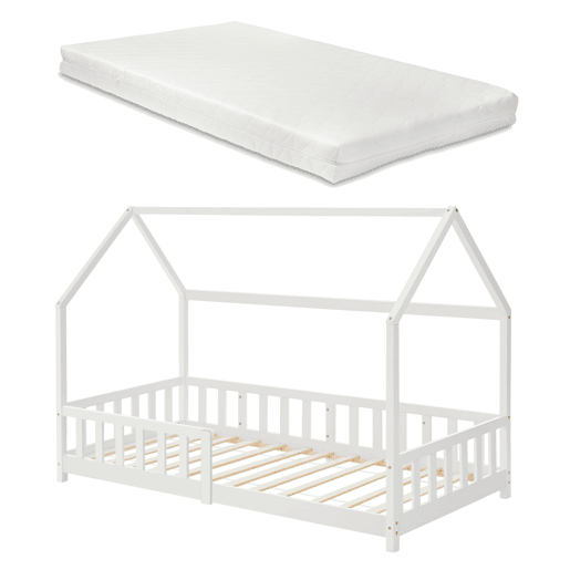 Cama de criança Hesel em forma de casa com grelha e colchão 90x200cm - Branco en.casa