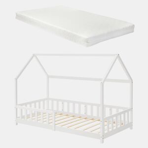 Cama de criança Hesel em forma de casa com grelha e colchão 90x200cm - Branco en.casa