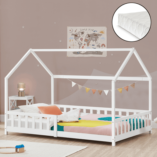 Cama de criança Hesel em forma de casa com grelha e colchão 90x200cm - Branco en.casa