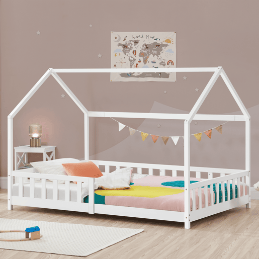 Cama de criança Hesel em forma de casa de pinho com grelha 90x200cm - Branco en.casa