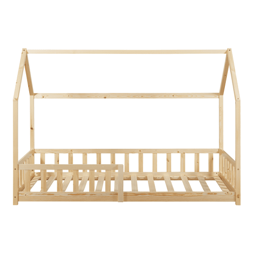 Cama de criança Hesel em forma de casa de pinho com gradeamento 90x200cm - Natural en.casa