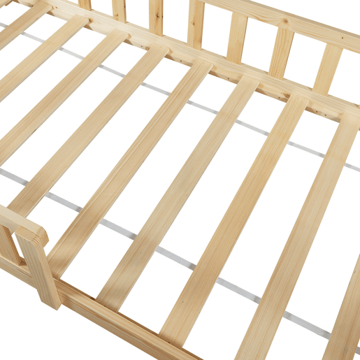 Cama de criança Hesel em forma de casa de pinho com gradeamento 90x200cm - Natural en.casa