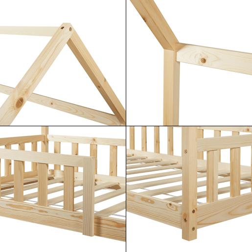 Cama de criança Hesel em forma de casa de pinho com gradeamento 90x200cm - Natural en.casa