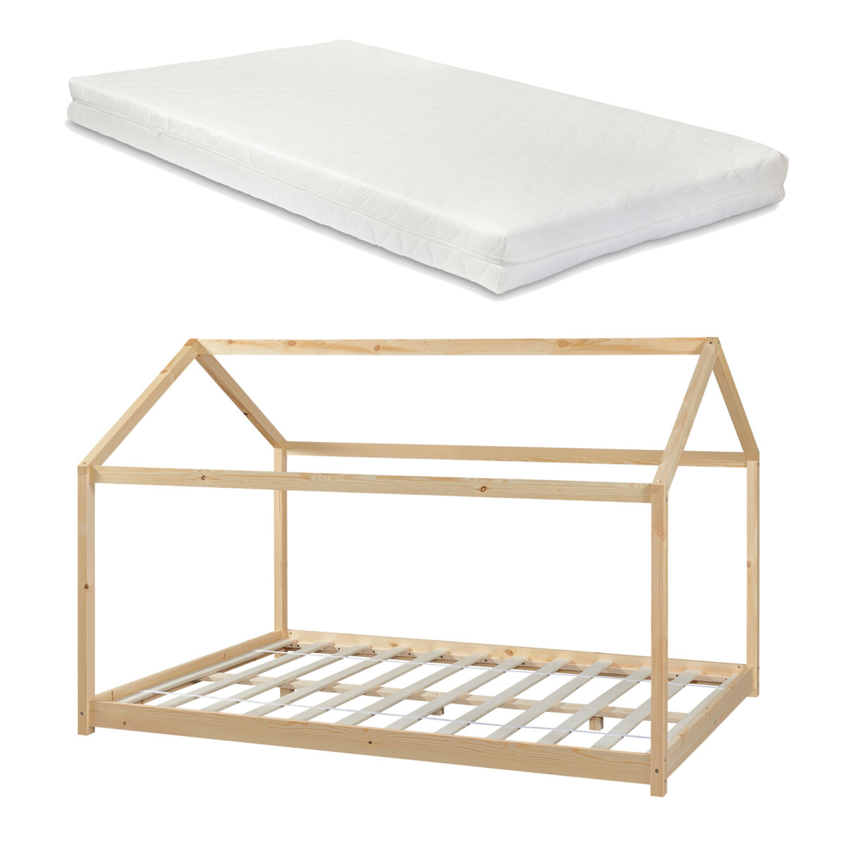 Cama para niños cerro en forma de casa con colchón pino 120x200cm - natural [en.casa]
