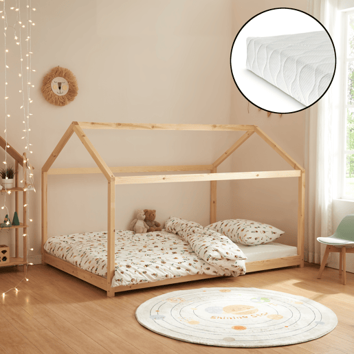 Cama de criança Cerro em forma de casa com colchão de pinho 120x200cm - Natural en.casa