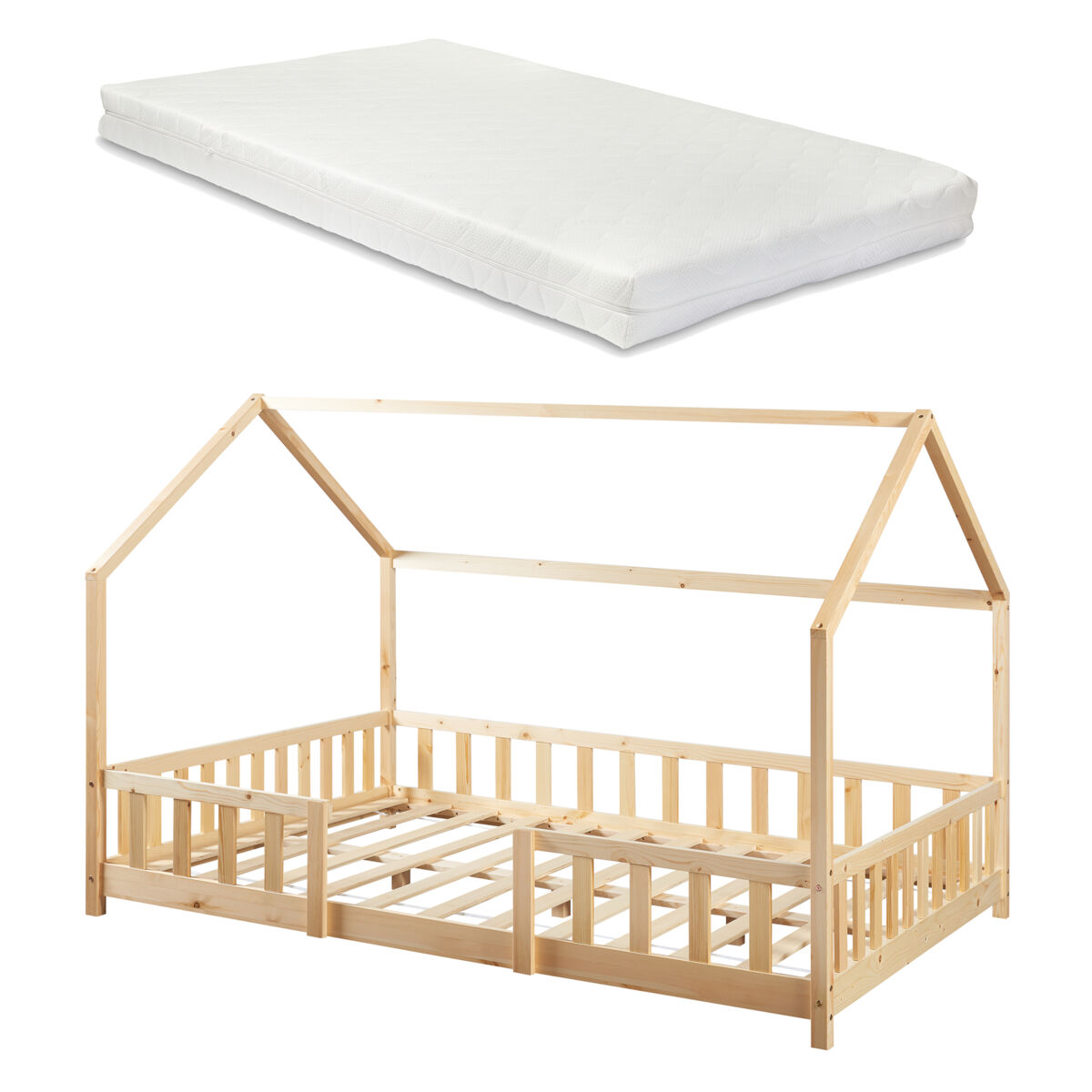 Cama para niños sisimiut forma de casa pino + colchón 120x200 cm - pino natural [en.casa][neu.haus]