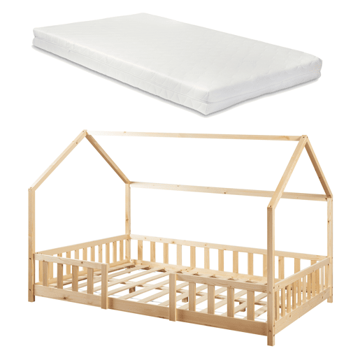 Cama de criança Sisimiut forma de casa pinho + colchão 120x200 cm - Pinho natural en.casaneu.haus.