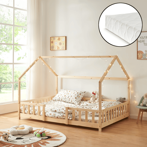 Cama de criança Sisimiut forma de casa pinho + colchão 120x200 cm - Pinho natural en.casaneu.haus.