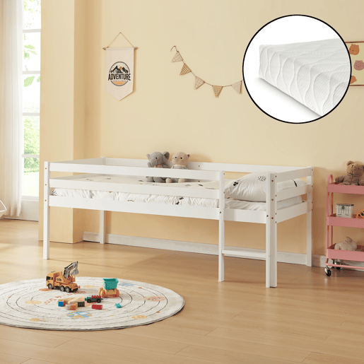 Cama alta para crianças Siikalatva com colchão de madeira de pinho 90 x 200 cm - Branco en.casa Cama alta para crianças Siikalatva com colchão de madeira de pinho 90 x 200 cm - Branco en.casa