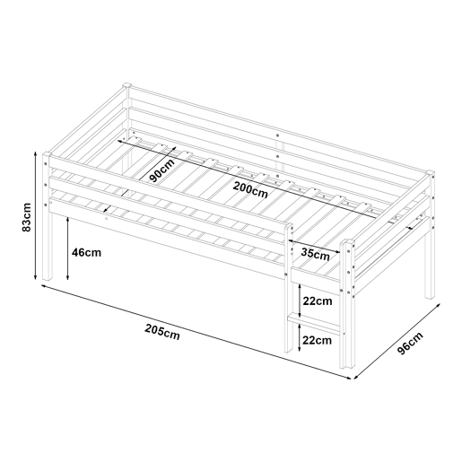 Cama alta para crianças Siikalatva com colchão de madeira de pinho 90 x 200 cm - Branco en.casa Cama alta para crianças Siikalatva com colchão de madeira de pinho 90 x 200 cm - Branco en.casa