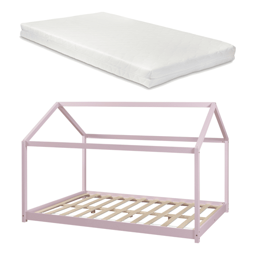 Cama de criança Cerro em forma de casa com colchão de pinho 120x200cm - Rosa en.casa