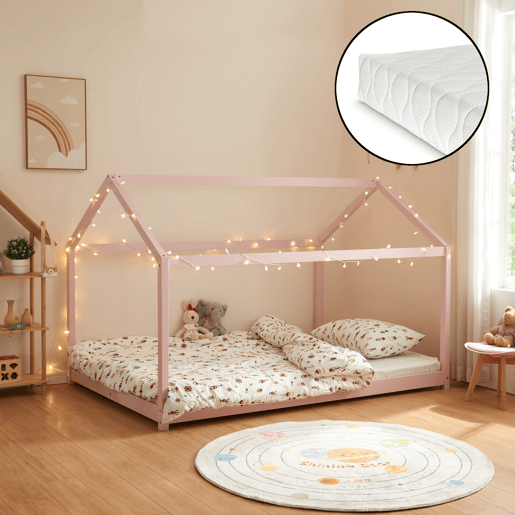 Cama de criança Cerro em forma de casa com colchão de pinho 120x200cm - Rosa en.casa