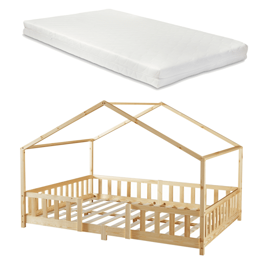 Cama de criança Treviolo em forma de casa pinho + colchão 120x200cm - Pinho natural en.casaneu.haus.