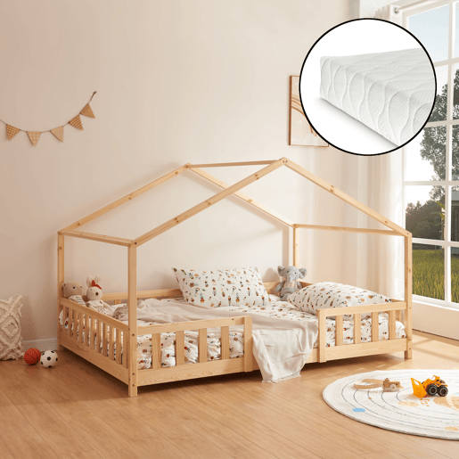 Cama de criança Treviolo em forma de casa pinho + colchão 120x200cm - Pinho natural en.casaneu.haus.